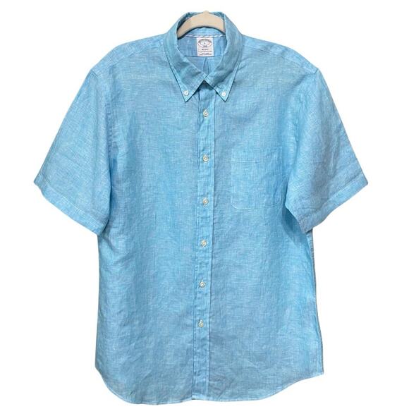 Brooks Brothers REGENT Linen Button Down Shirt Men’s L Blue Short Sleeve EUC - Picture 1 of 8